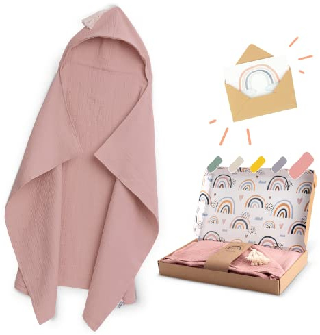 Räuberella® Kapuzenhandtuch-Baby in Alt-Rosa I 75x100cm I Musselin-Badetuch-Baby aus 100% Bio-Baumwolle I Saugfähiges Babyhandtuch mit Kapuze I Badehandtuch-Geschenkset inkl. Verpackung & Karte