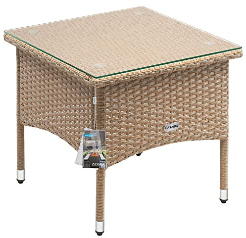 Casaria® Polyrattan Beistelltisch 50x50x45cm Höhenverstellbare 5mm Sicherheitsglas Wetterfest 80kg Belastbar Gartentisch Balkontisch Teetisch Outdoor Creme