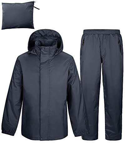 Outdoor Ventures Men's Packable Rain Suit Waterproof Rainwear | Reflective Piping Slit, Taped Seam, Hideway Hood, 5 Pockets, Breathable, Heavyweight, for Riding Fishing Cycling