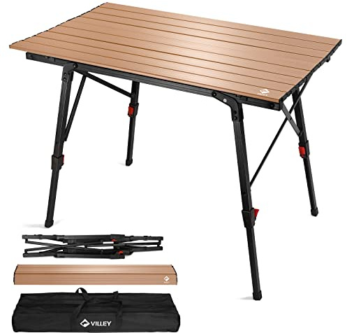 VILLEY Portable Camping Table with Adjustable Legs, Lightweight Aluminum Folding Beach Table with Carrying Bag for Outdoor Cooking, Picnic, Beach, Backyards, BBQ and Party - Gold