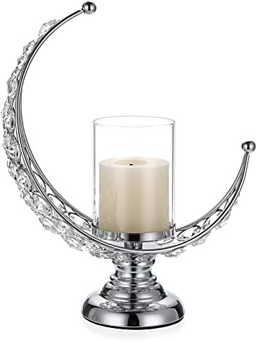 SUMNACON Mondform Kristall Teelicht aus Glas Metall Kerzenhalter Kerzenständer Kerzenleuchter für Home Office Hochzeit Weichnachten Abendessen Tischdekoration für Stumpenkerze Silber