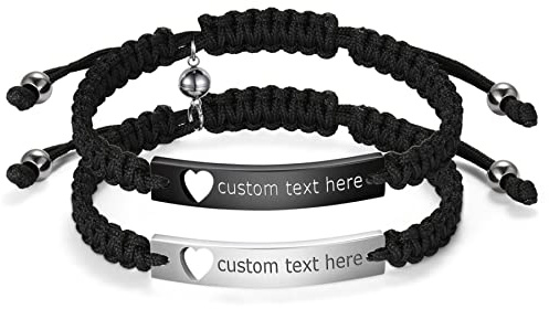 JewelryWe Schmuck Personalisierte Pärchen Armband Lederarmband mit Gravur Herz Magnet Kugel Edelstahl Leder geflochten Partnerarmband Freundschaftsarmband Paar Armreifen Verstellbar Schwarz Silber