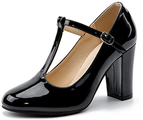 Women's T-Strap Mary Jane Pumps, Chunky Heel, Vintage Style, 3.54 Inch Round Toe Dress Shoes Patent Black US 6
