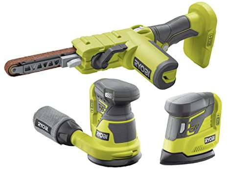 RYOBI - Trio ONE+ 18V für Schleifen: Exzenterschleifer 125 mm + Dreieckschleifer + Bandfeile - Lieferung mit Schleifmittel (ohne Akku)