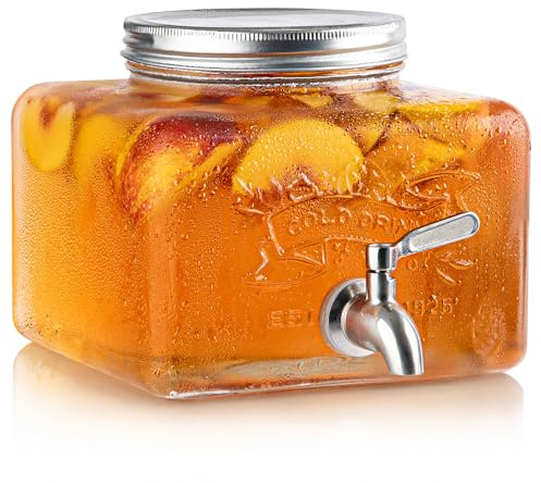 MosJos Glass Drink Dispenser for Fridge - Stainless Steel Spigot Mason Jar Dispenser with Wide Opening & Easy-Fill - Beverage Storage for Outdoor, Water, Iced Tea, Juice, Sangria & Detergent, 1 GALLON