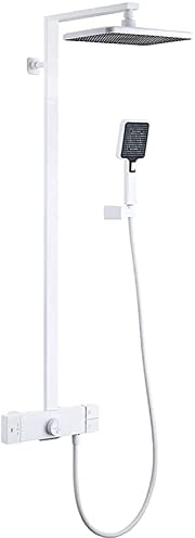 Système de douche thermostatique, ensemble de robinet de douche ensemble combiné de douche mural ensemble combiné mitigeur de pluie blanc avec bec de baignoire, pommeau de douche à effet pluie