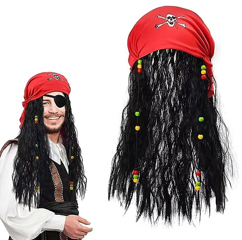 MFCGHXR 3 teiliges Piraten-Dreadlocks-Hut-Augenmasken-Set, 3-in-1, Piratenkapitän-Perücke, Perücke, Totenkopf, Bandana, Perücken-Augenmaske (schwarz)