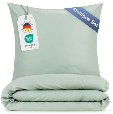 Blumtal Bettwäsche 2X 135x200cm + 2X 80x80cm Kopfkissenbezug - Oeko-TEX zert. Mikrofaser Bettwäsche Set - Mikrofaser Bettbezug bis 95 °C - Deckenbezug + Kissenbezug 4-teilig - Bettbezug Sommer Grün