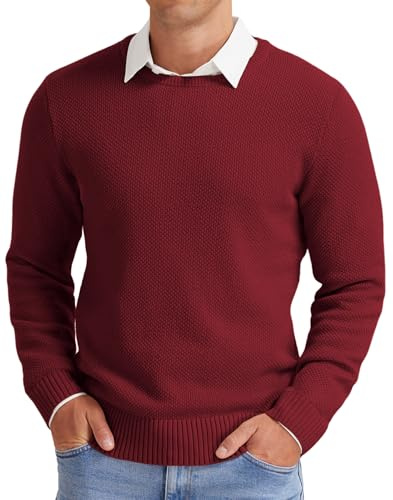 NITAGUT Jersey de punto para hombre de invierno, básico de manga larga, cálido, casual, de un solo color, con cuello redondo, borgoña, XXL