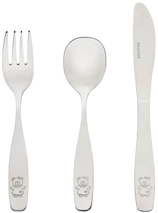 Baroni Home Set 3 pz Posate per Bambini in Acciaio Inox, Posate con Manico Ergonomico, Lavabili in Lavastoviglie, Forchetta, Coltello, Cucchiaio, Tema Orsacchiotto