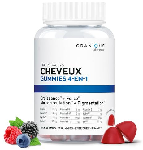 GUMMIES CHEVEUX 4-EN-1| PRO KERACYS GRANIONS | Vitamines pour Cheveux | Croissance + Force + Microcirculation + Pigmentation | Pousse rapide avec Biotine, Zinc, Vitamine B8 et Kératine. Format 1 mois