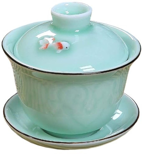 AUSUAYA GAI Wan - Set di tazze da tè in ceramica con coperchio, per cerimonia di tè tradizionale cinese Gongfu, tè Oolong/Puerh G-W-1 (pesce)