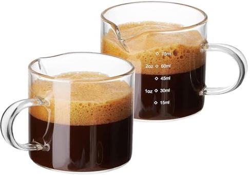 Lot de 2 verres doseurs à expresso en verre avec poignée - 75 ml - Pour barista, cocktail, café, cappuccino