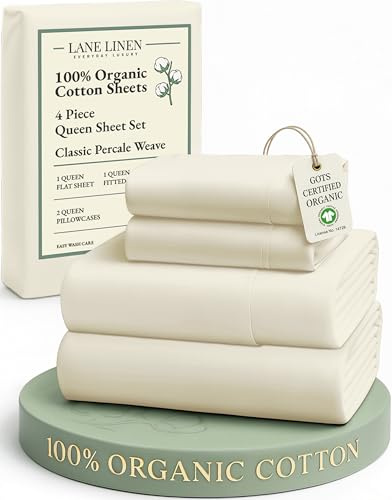 LANE LINEN 100% Organic Cotton Queen Sheets, 4Pc Cotton Sheets Set, Classic Percale Weave Bedsheets Queen Size Bed, Soft Breathable Sheet & Pillowcase Sets, Deep Pocket 15 - Natural