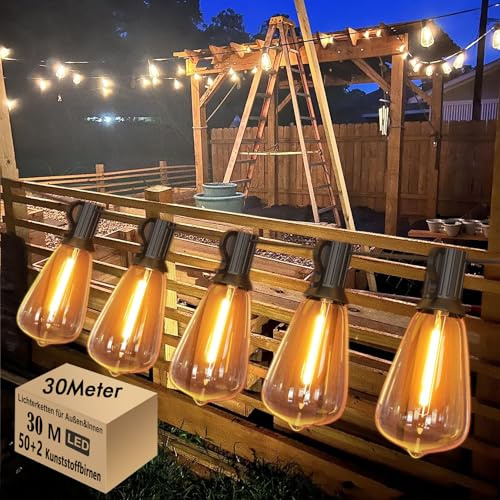 Skeerei 30M Lichterkette Außen Strom mit 52 LED ST38 Glühbirnen | 2700K Warmweiße, E12 Bruchfeste Lichterketten,IP44 Wetterfest Außenleuchten für Pergola, Hochzeiten, Partys