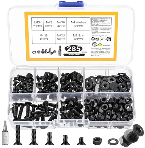285 Pz M4 Viti a Testa Svasata Torx, Set Bulloni e Dadi con Rondelle Nero, Viti Bulloni e Dadi a Testa Torx, Viti a Testa Piatta, Set di Viti Torx, Dadi e Bulloni con Rondelle per Garage Casa