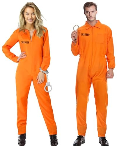 MeYuxg Mono Naranja Disfraz Preso, Disfraz Preso Naranja con Esposas, Unisex Disfraz Prisionero Naranja Disfraz Preso adecuado Halloween, Carnaval, Fiestas de Disfraces, Cosplay