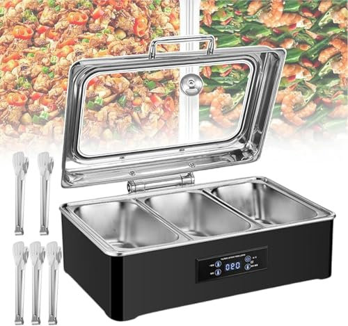 AFLEPCBRQ Commercial Food Warmer 500W Buffet Chafing Dish Warmer with 1-grid/2-grid/3-grid, Electric Stainless Steel Buffet Heater for Banquet Restaurant Picnic Party (with 5 Food Clip),3-grid
