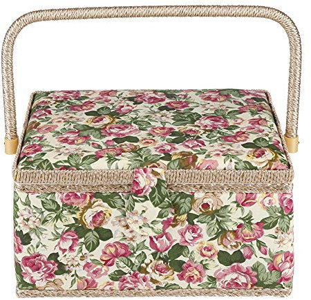 Großer Nähkorb mit Blumenmuster, Stoff für Nadeln, Fadennadeln, Maßband, Fingerhut, 25,4 x 23,1 x 15,5 cm, Bastelbox, Organizer mit Griff