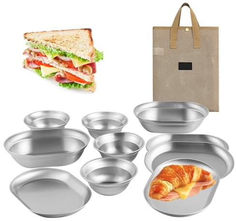 Set di piatti da campeggio in metallo, in acciaio inox, design antiruggine, leggeri, resistenti ai graffi, facili da pulire, impilabili, 16,5 x 23 cm