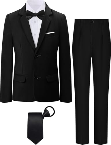 A&J DESIGN Set da smoking da bambino, 5 pezzi, giacca, camicia, pantaloni, cravatta e papillon per bambini dai 6 ai 16 anni, elegante abbigliamento formale, nero, 16 anni