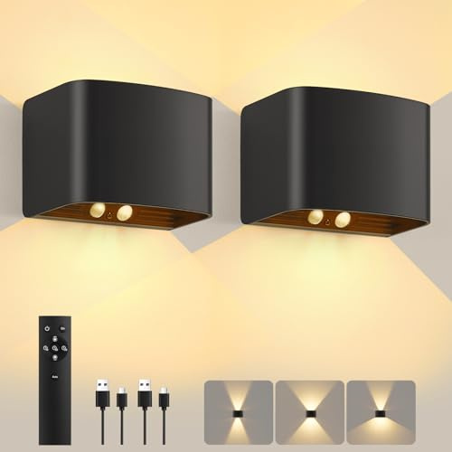 Akku Wandleuchte Innen mit Bewegungssensor, 2 Stück Fernbedienung Wandlampe | 3600ｍAh Wiederaufladbar, Dauerlicht/Sensormodus, 3000K Warmweiss, Stufenlos dimmbar, Strahlform Einstellbar,Timer