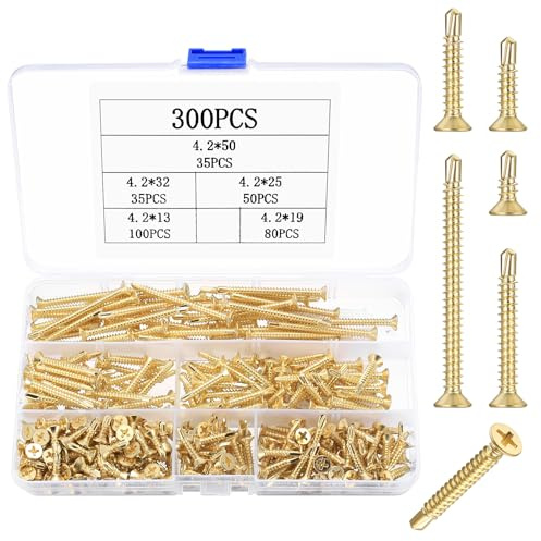 WangLaoWu Juego De 300 Tornillos Autorroscantes De Acero Inoxidable M4.2 Cabeza Avellanada Punta Autoperforante Para Fijación De Chapa Dorado
