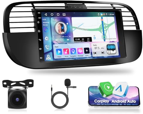 Autoradio Android Motorsi 4G+64G per Fiat 500 2007-2015, A-pple Carpaly 1 Din Stereo Radio Quad-Core Bluetooth 5.0 GPS 32EQ Android Auto WiFi FM/RDS Radio, Telecamera Posteriore AHD e Microfono
