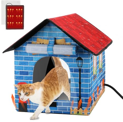FHTONGE Beheiztes Katzenhaus für Katzen im Freien, wetterfest, beheizte Feral-Katzenhütte, isolierte Katzenhütte, zusammenklappbares streunendes Katzenbetthaus mit selbstheizendem Pad für draußen