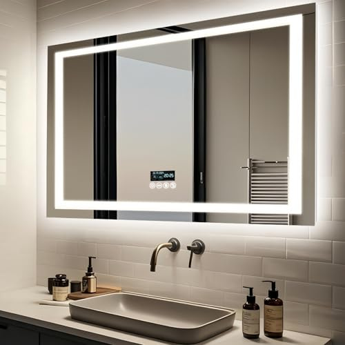 LUVODI Badspiegel mit Beleuchtung Bluetooth: 100x70cm Badezimmerspiegel mit Uhr, Temperatur, Datum, Entfoggen, Dimmbar, 3 Lichtfarben, Speicherfunktion, LED Spiegel Bad Wasserdicht