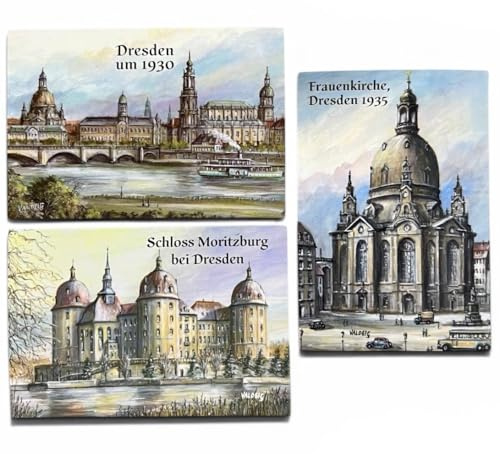 Dresden XL Kühlschrank Magnete, 3er-Set, 8 x 5,5 cm | Typisches Souvenir Sachsen, Frauenkirche Elbufer Elbe, Schloss Moritzburg, Valdeig, P