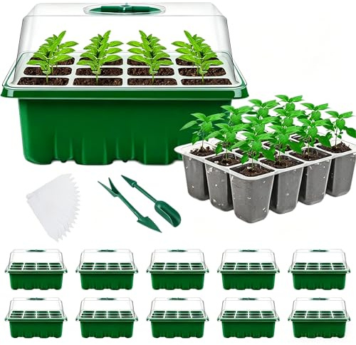 HEEGFF Vassoi per semi, confezione da 10, 120 vassoi per la germinazione delle piante, set di propagatori per piante da interno con coperchio e ventilazione, per serre e giardini