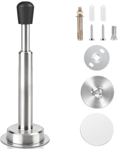 Tope de puerta autoadhesivo de 150 mm de largo, montaje en pared, tope de puerta de acero inoxidable cepillado para zócalos, topes de puerta de metal para interiores y exteriores con parachoques de