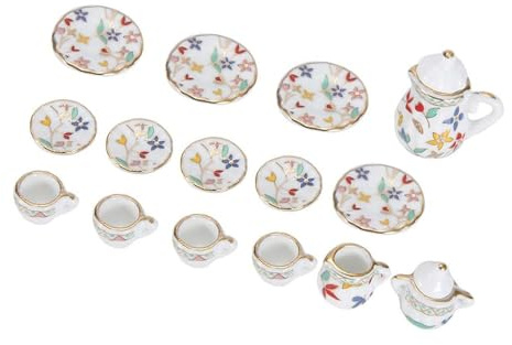 Elnwnnkc 15-teiliges Porzellan Teetassen Set Puppenhäuser Küchendekorationen Simulations Miniatur Möbelmodell Für Jungen Und Mädchen Teekannen Tassen Teller Mit Blumenmuster