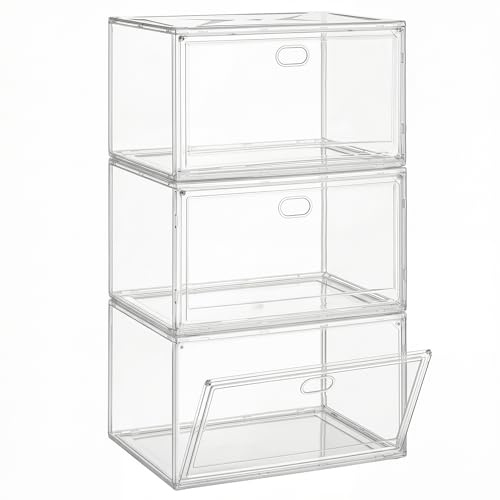 SONGMICS Scatole per Scarpe Impilabili Trasparenti, Organizer Contenitori per Scarpe, Fino alla Taglia 47, Sportello Magnetico, in Plastica, Set da 3 LSP703WH02