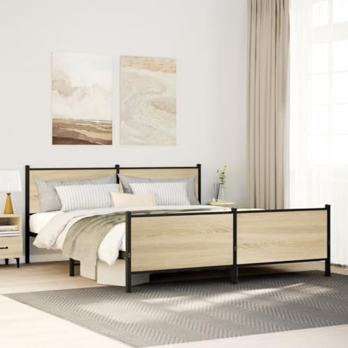 Mandloder Metallsäng Sonoma-ek 183 x 213 cm, robust stålsängram med ribbotten, modern design, hög stabilitet, extra förvaringsutrymme, praktiskt huvud- och fotdel, hållbar