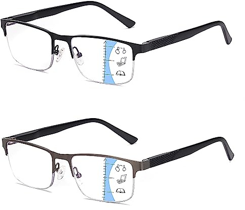 Missfive 2 Pack Occupational Varifocal Glasses Mens, Near Progressive Multifocal Reading Glasses, Metal Half Frame Eyewear With Spring Hinge, Near-Mid Range, 2.5x