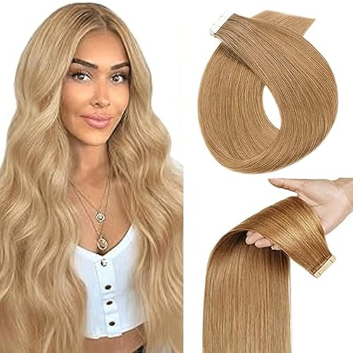 WuvuSnm Tape In Extensions Echthaar Human Hair Straight Invisible Extensions #27 Honey Blonde Color 14 Zolls 10 Pièces/40g Haarverlängerung Echthaar for Women Minimal Smell Low Shedding