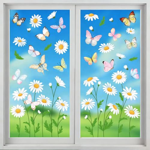 Zindoo Vetrofanie Primavera 4 Fogli 49 PZ Adesivi Finestre Margherite Farfalla Riutilizzabili, Adesivi Statici Decorazioni per Vetri/Vetrine