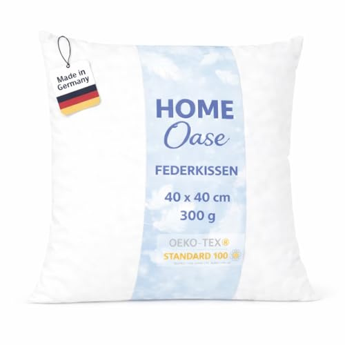 Home Oase Federkissen 40x40 cm (1er Set) - Kopfkissen mit 100% Federfüllung und Bezug aus Bauwmolle, Oeko-Tex Zertifiziert, perfekt für Allergiker und Kinder, 300 g Füllung