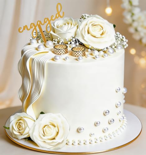 LaVenty Engaged Ring Cake Topper Acrylic Cake Decorations | Rose Flower Bridal Shower for Wedding Engagement Party Supplies Favors