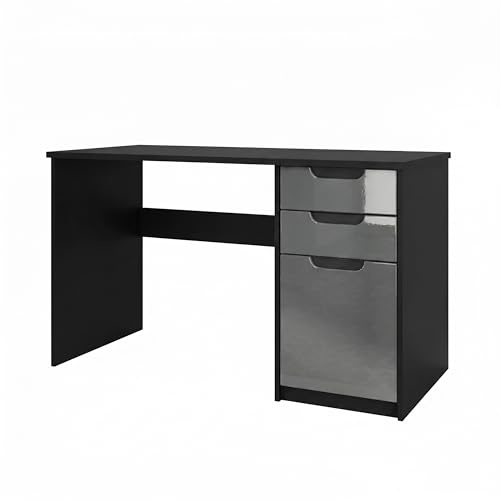Vladon Schreibtisch Logan, Made in Germany, Bürotisch mit 2 Schubladen und 1 Tür, Schwarz matt/Grau Hochglanz (129 x 76 x 60 cm)