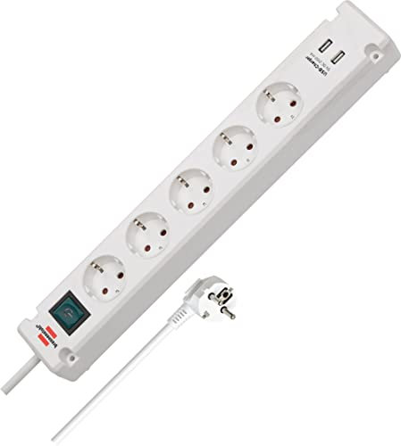 Brennenstuhl Bremounta regleta de 5 enchufes con función de Carga USB (regleta eléctrica con Tomas de 90 Grados, con Interruptor, Posibilidad de Montaje y Cable de 3m) Blanco