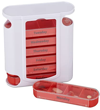 Relaxdays Pillendose 7 Tage, wöchentliche Tablettenbox, 4 Fächer, weiß/rot | Englisch, Medikamentendose mit Schiebedeckel