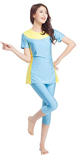 Muslimska badkläder baddräkt heltäckt blygsamma badkläder mode muslimska badkläder burkini kortärmade toppar och byxor i 2 delar mode badkläder set(Skybluee, L)