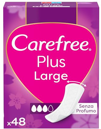 Carefree Salvaslip Plus Large Senza Profumo, Salva slip donna extra ampio per il 100% di controllo degli odori, Discreti proteggi slip senza profumo e super assorbenti per uso quotidiano, 48 salvaslip