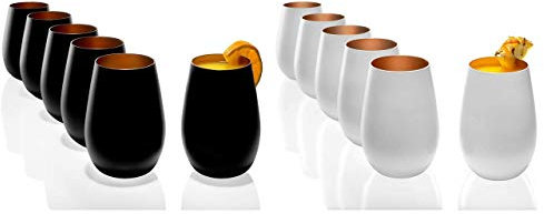Stölzle Lausitz Becher 465 ml, 12er Set, Wassergläser 6x schwarz und 6x weiß (matt) und Bronze, spülmaschinenfest + Gratis 4er Set EKM Living Edelstahl Trinkhalme