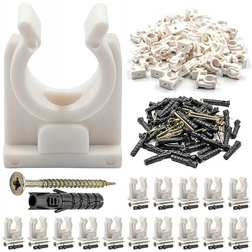 Rohrklemme 20-22 mm 50 Stück Set - Klemmschellen aus Kunststoff inkl. Schrauben - Klemmschelle für Aluminium-, Kupfer- oder ALU-Verbundrohre - Rohrclips für Wand-, Boden- und Deckenmontage, Weiß