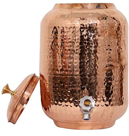 Distributeur d'eau indien fait à la main en cuivre pur martelé à la main - 4 litres - Ayurvéda - Réservoir de stockage d'eau en cuivre - Bouteille de conservation en cuivre - Mug - Pichet
