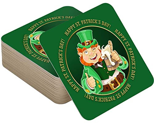 Beer Mats - St Patrick's Day Decorations - Bar Table Coasters - Paddy's Day Accessories - Party Packs of 24, 48, 96 - Square Cardboard Drink Mats for Home Bars Pubs - Leprechaun - 48
